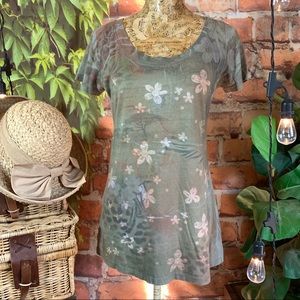 Scoop neck floral top tunic Small S Flowers Green